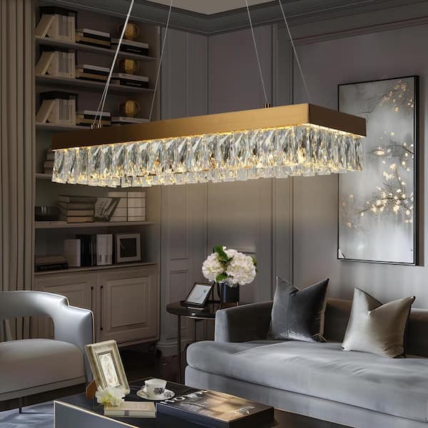 Modern 1-Light Plating Brass Rectangle Integrated LED Chandelier, Glam pendant light with Crystal Accent for Living Room