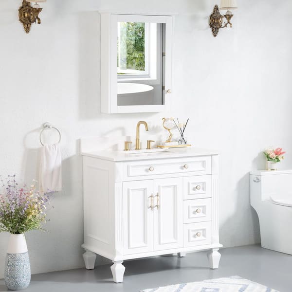 WELLFOR 36 in. W x 22 in. D x 35 in. H Bath Vanity in White with Carrera White Vanity Top and Medicine Cabinet