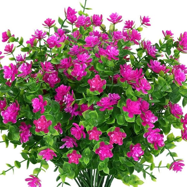 13.8 in. Fuchsia Purple 8 Bundles Outdoor Artificial Boxwood Fake Flower UV Resistant No Fade Faux Plastic Shrubs Plants