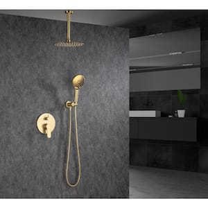 Mondawell Round 3-Spray Patterns 10 in. Ceiling Mount Rain Dual Shower Heads with Handheld and Valve in Brushed Gold