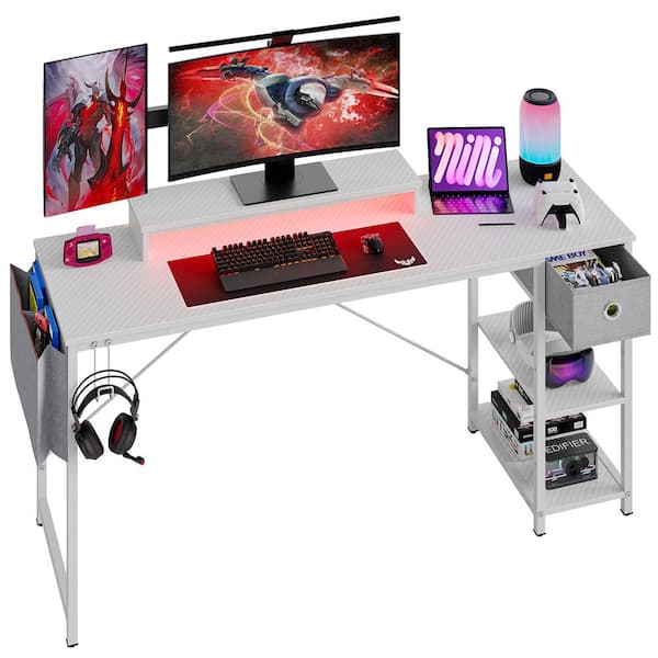 61 in. Rectangular Reversible White Carbon Fiber Computer Desk with Storage Drawer and LED Monitor Stand