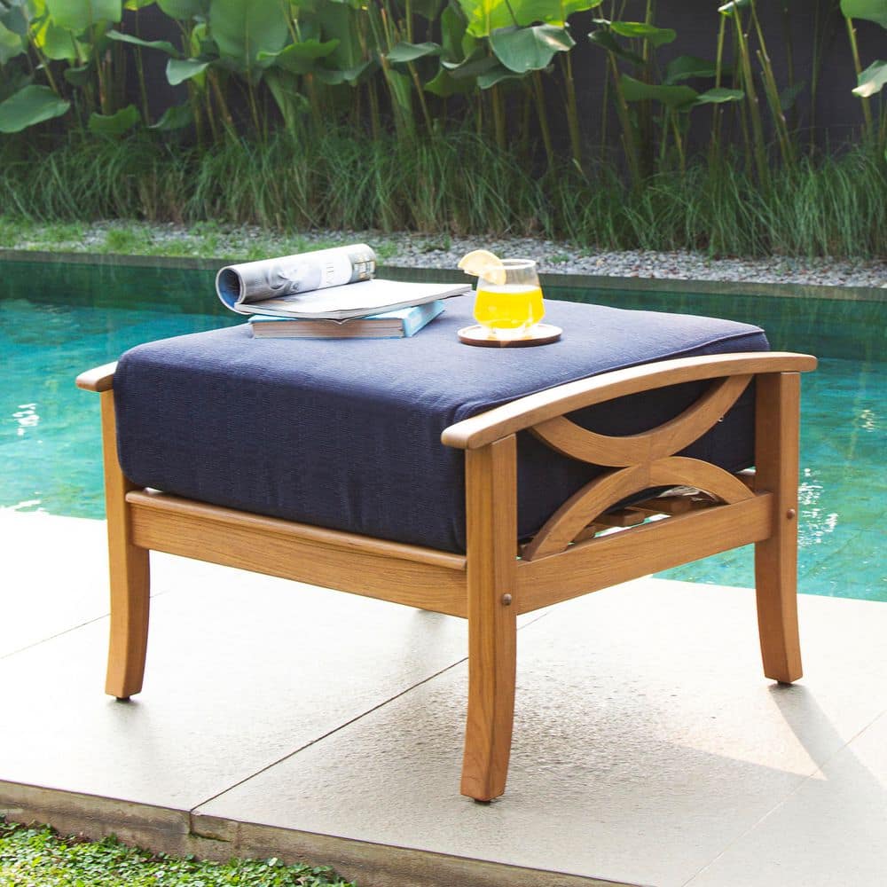 Kinsley Teak Wood Outdoor Ottoman with Navy Cushion