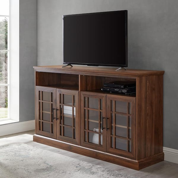 58 in. Dark Walnut Wood TV Stand Fits TVs Up to 65 in. with Storage Doors