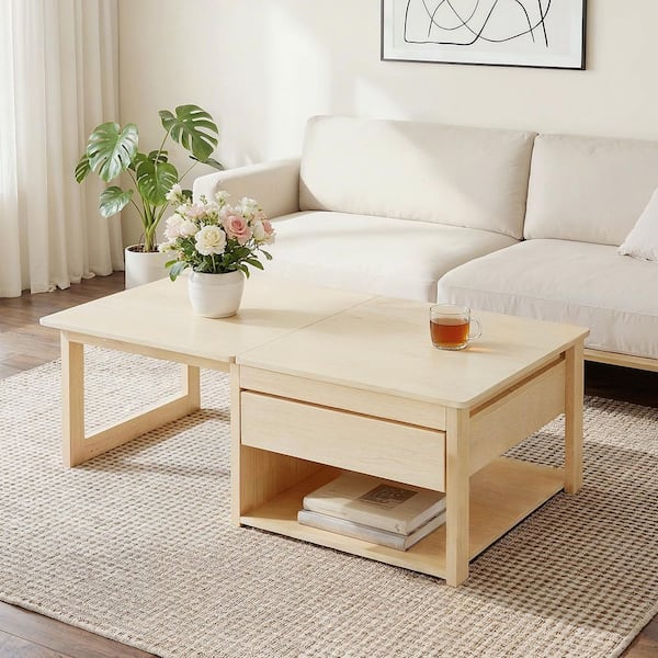 FUFU&GAGA 25.9 in. Natural Rectangle Wood End Table with Lift-Top