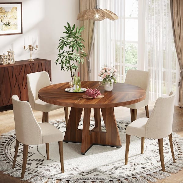 BYBLIGHT Roesler Farmhouse Walnut Wood 47 in. W Pedestal Round Dining Table without Chairs, Kitchen Dining Table Seats 4