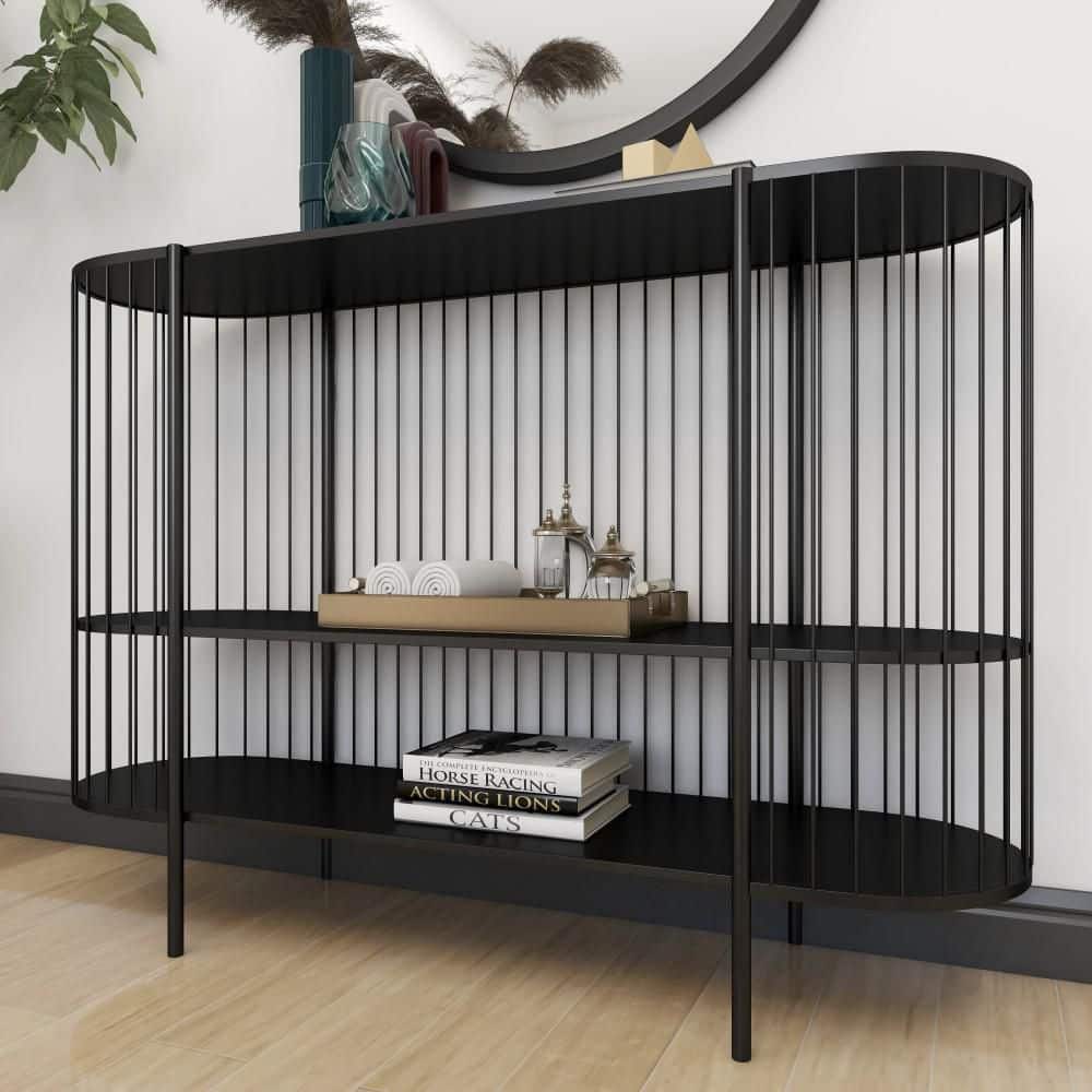Sleek Black Metal Console Table with Dual Storage Shelves