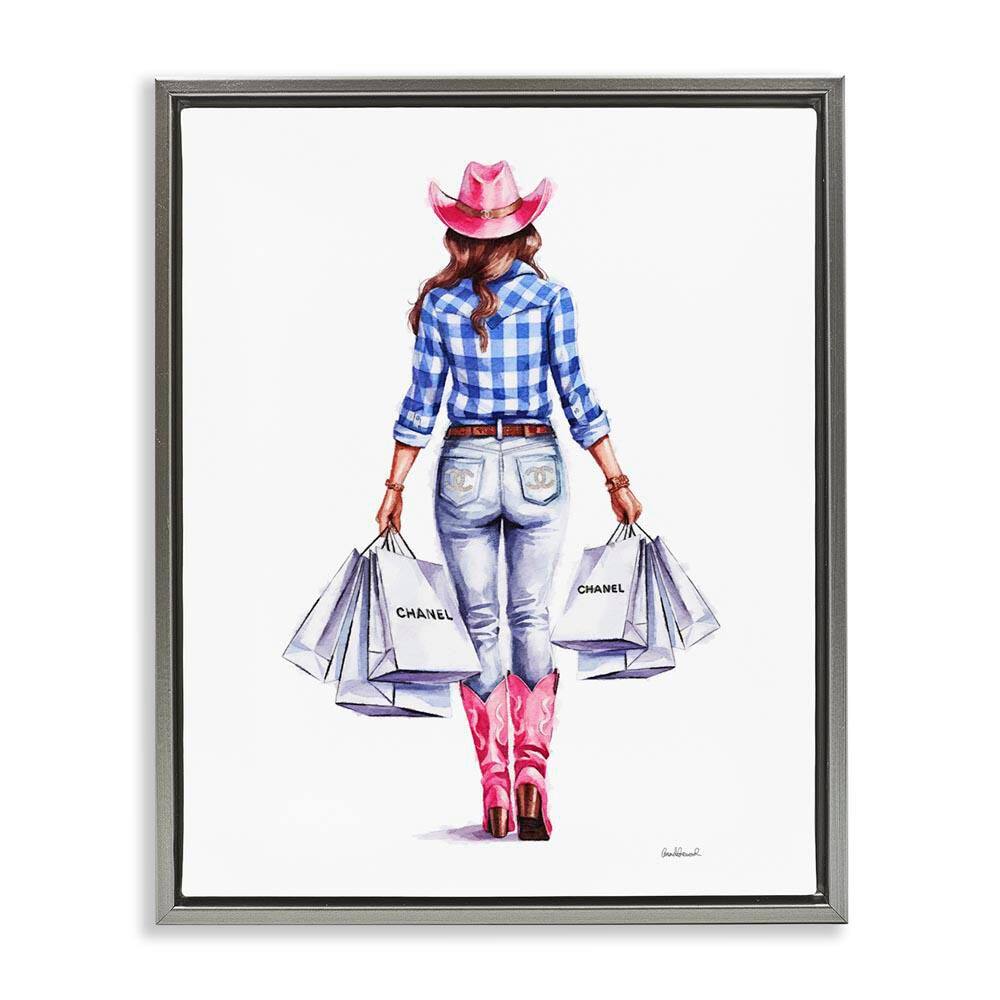 Cowgirl and Shopping Bags by Amanda Greenwood Gray Floater Frame People Graphic Art Print 31 in. x 25 in. price history on PriceWatchPro