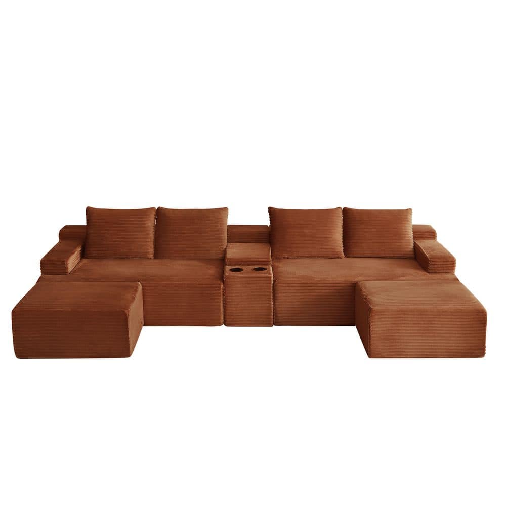 Modern 140.6 in. Corduroy Upholstered U-Shaped Compressible Modular Sectional Sofa with 2 Ottomans in Orange
