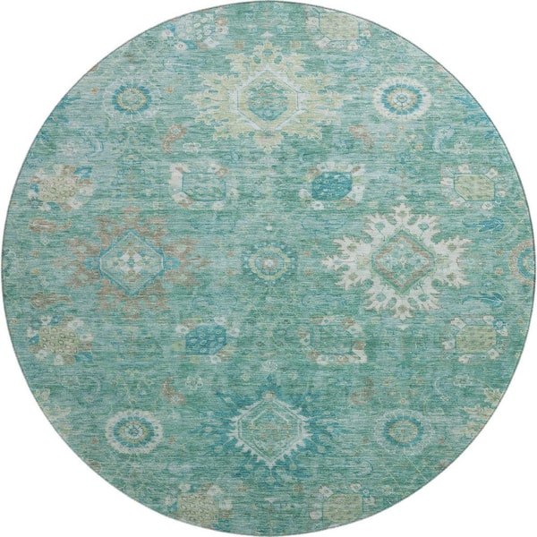 Mayfield Premium Machine Washable Abstract AMF1927 Teal 8 ft. x 8 ft. Round Rug
