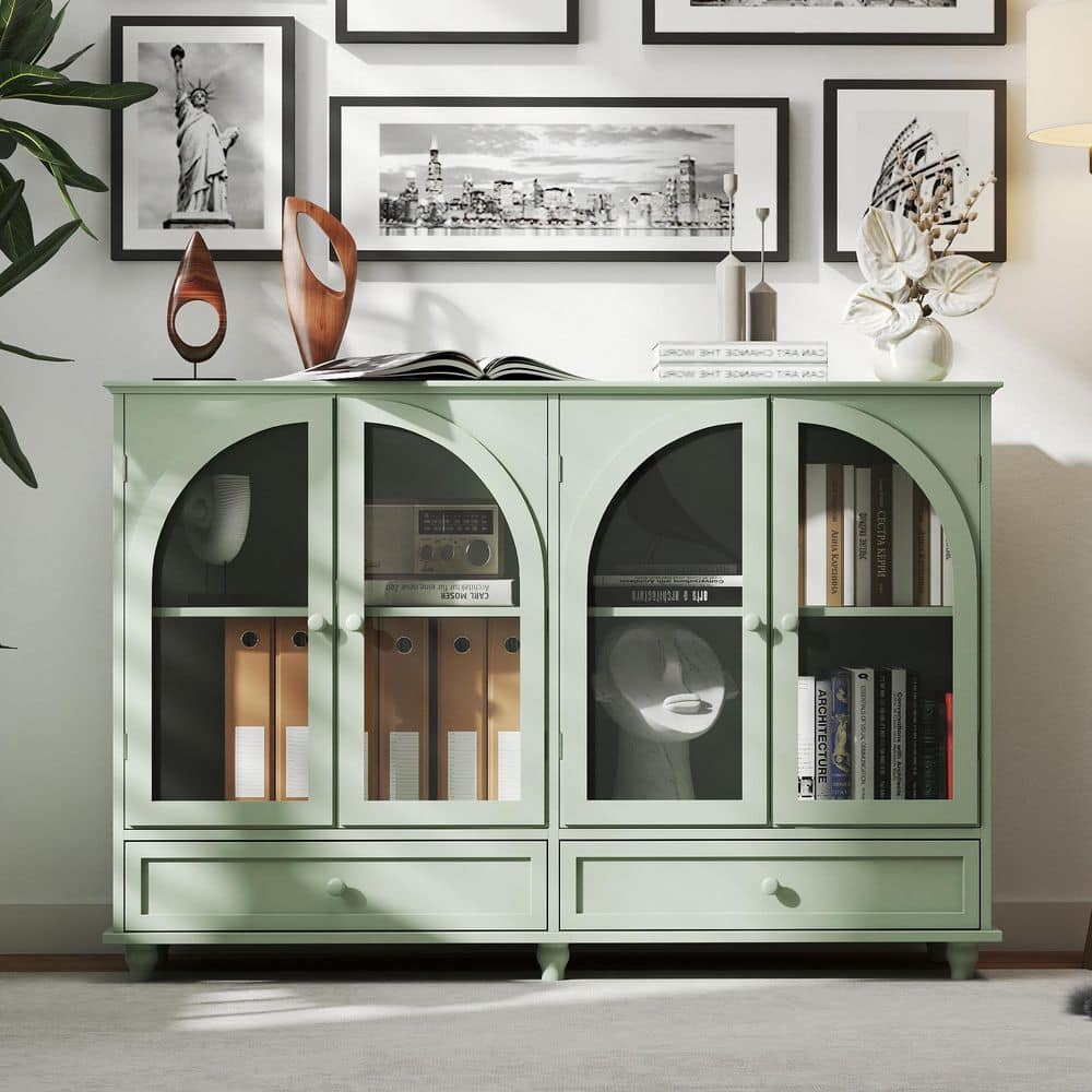 54 in. W Green Arched Glass Engineered Wood Buffet with 2 Drawers & Shelves, Display Cupboard for Dining Room