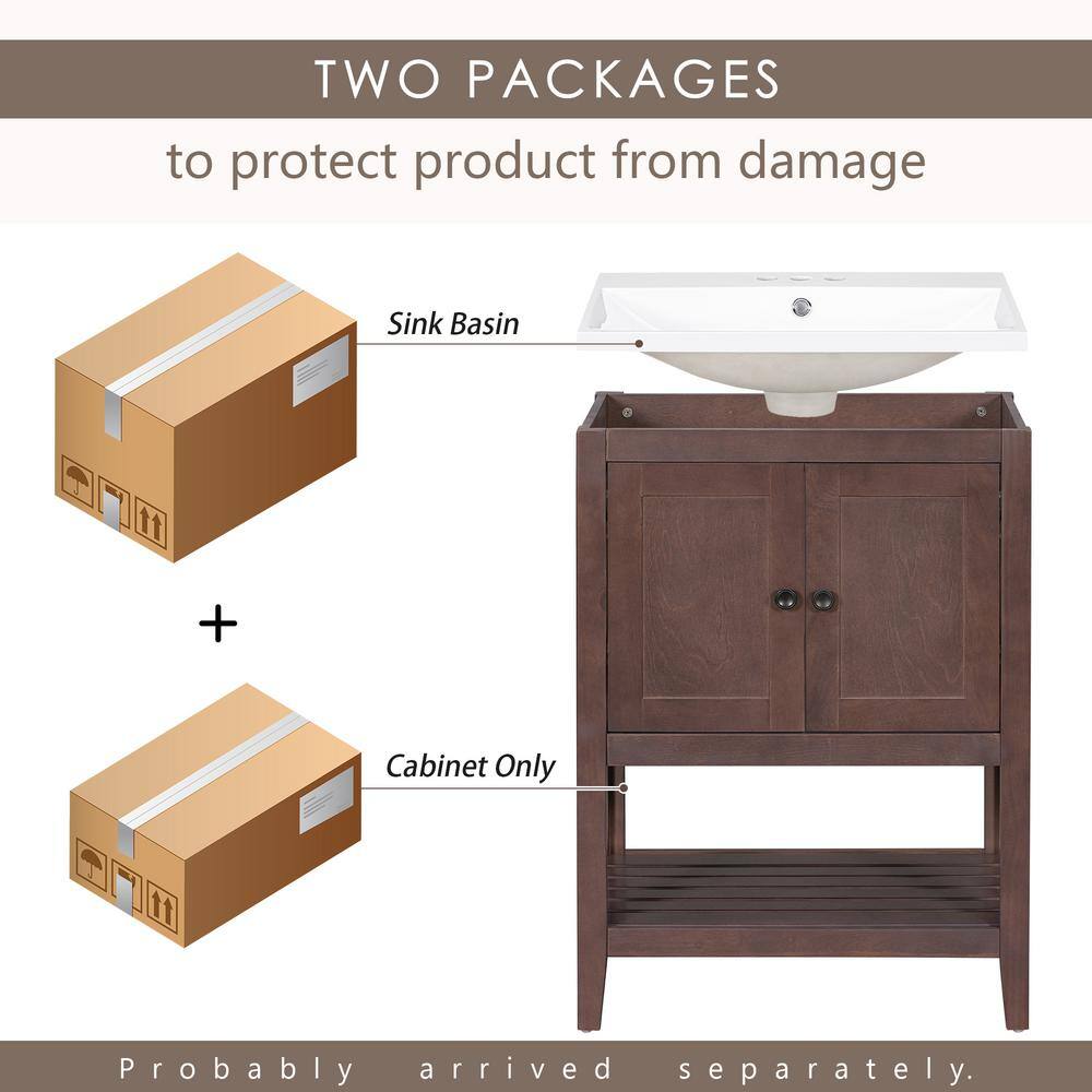24" Brown Solid Wood Bath Vanity with White Ceramic Sink