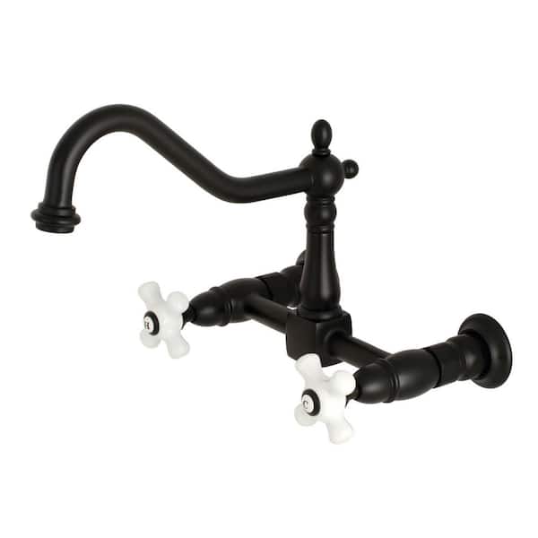 Kingston Brass Heritage 2-Handle Wall Mount Kitchen Faucet in Matte Black