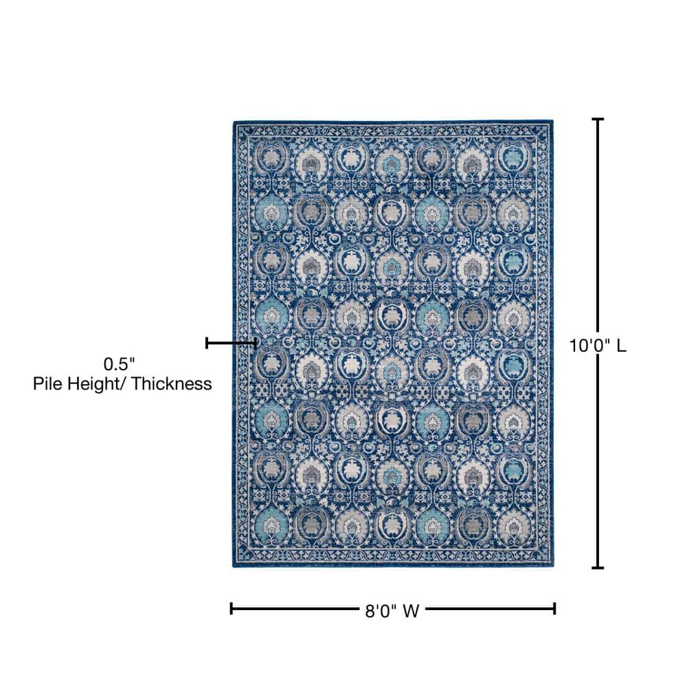 Blue and Ivory Floral High Pile Synthetic Area Rug 8' x 10'