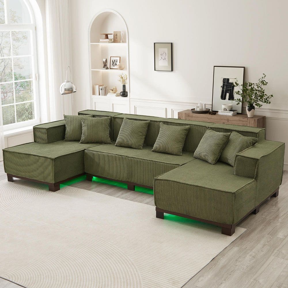Halden Modern 130 in. Corduroy Upholstered U-Shaped Sectional Sofa in. Green with RGB LED Light Strip and Pillows