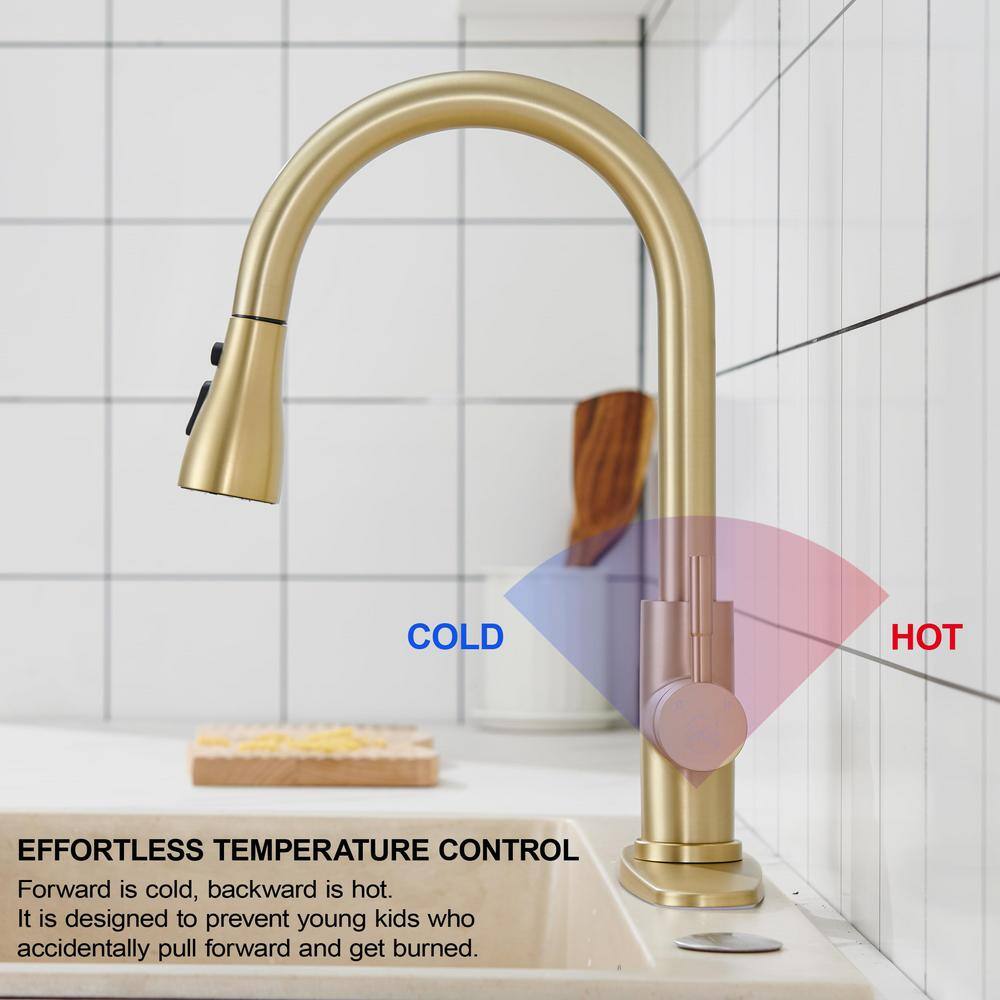 Brushed Gold Stainless Steel High Arc Kitchen Faucet with Pull-out Spray