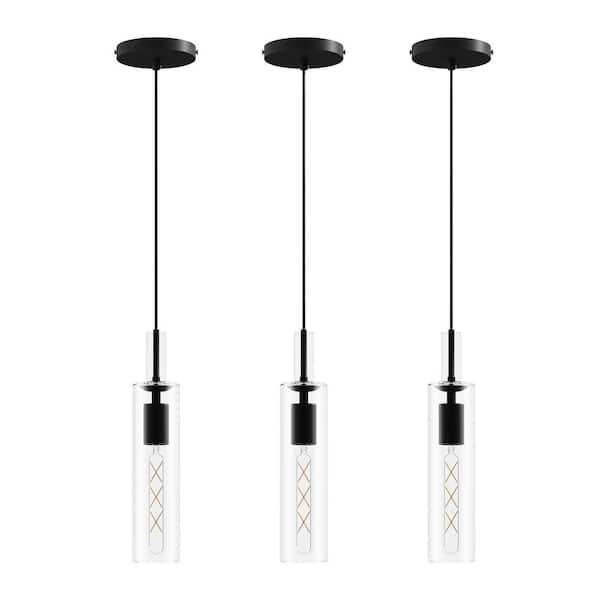 Modern 60-Watt 3 Light Black Metal Pendant Light with Glass Shade, Adjustable Cord and No Bulbs Included