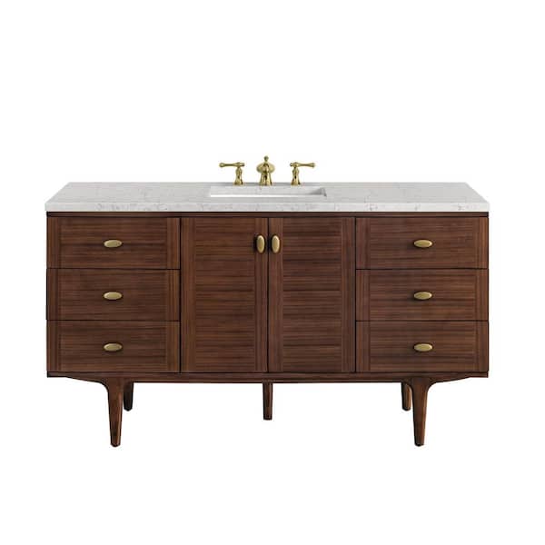 James Martin Vanities Amberly 60.0 in. W x 23.5 in. D x 34.7 in. H Bathroom Vanity in Mid-Century Walnut with Eternal Jasmine Pearl Quartz Top