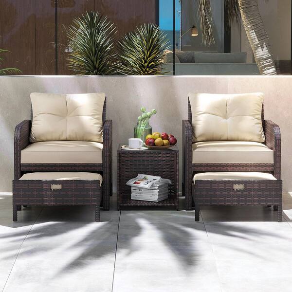 5-Piece Wicker Lounge Chair Outdoor Rattan Patio Conversation Set with Ottoman and Beige Soft Cushions