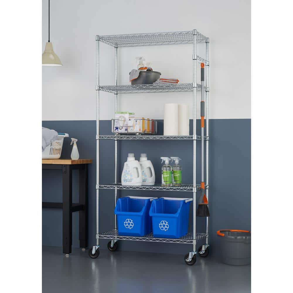 Adjustable Black 5-Tier Chrome Wire Shelving Unit with Hooks