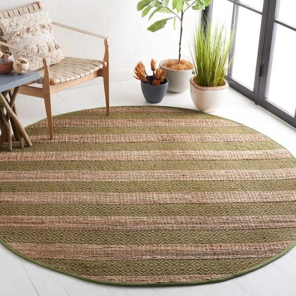 Natural Fiber 7 ft. x 7 ft. Green/Natural Striped Round Area Rug