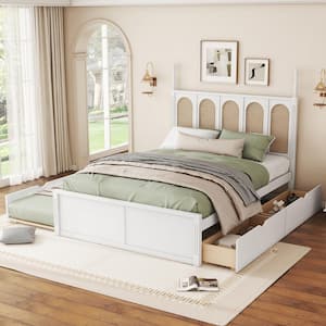 White Wood Frame Queen Size Rattan Headboard Platform Bed with 2 Drawers and Trundle