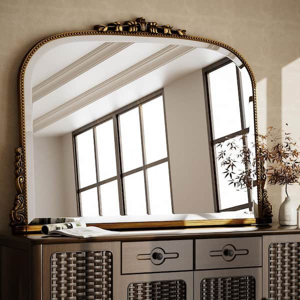 Antique Gold 44 in. W x 32 in. H Arched Polyurethane Framed with Decoration Antique Vanity Wall Mirror