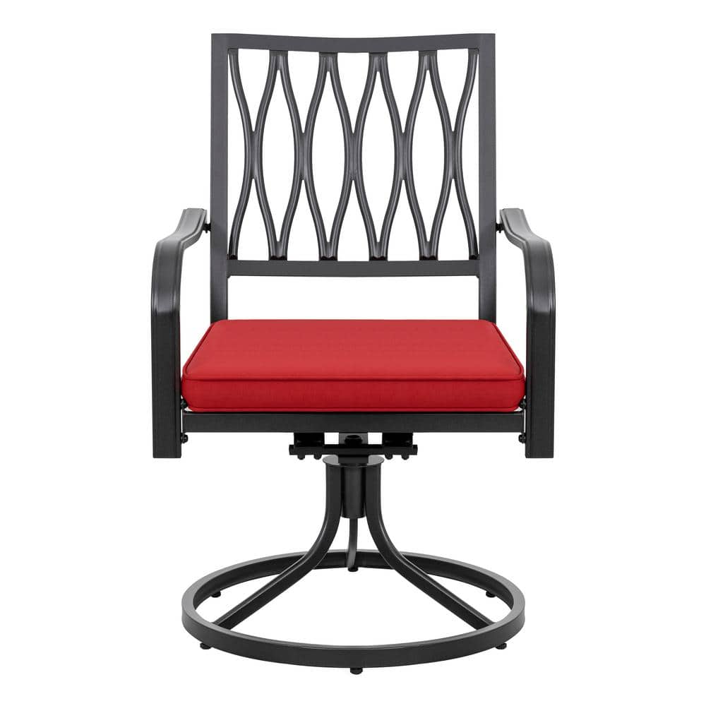Black and Red Iron Swivel Dining Chairs with Cushions, Set of 2