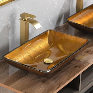 Rectangular Vessel Sink in Orange Glass with Faucet and Pop-Up Drain