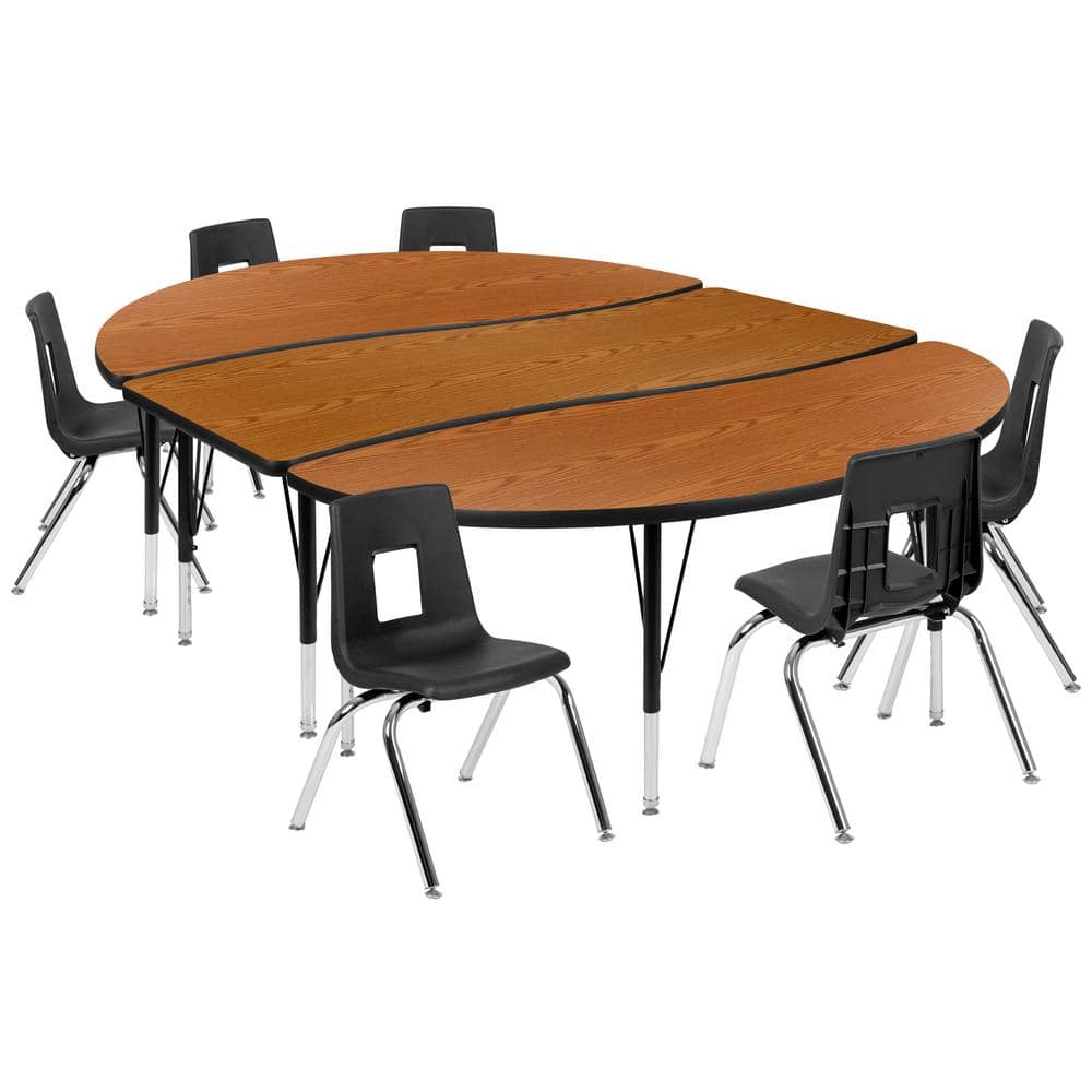 86 in. Oval Wave Collaborative Laminate Activity Table Set with 14 in. Student Stack Chairs, Oak/Black