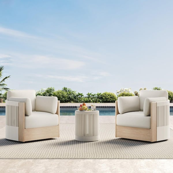Silas 3 Pieces Cream Fabric Fully Assembled Swivel Accent Chairs and Side Table Set with Handwoven Rope