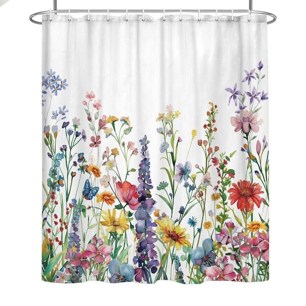 JFVKAF Farmhouse Rustic Boho Floral Shower Curtain 70x70 Botanical Watercolor Wildflower Aesthetic with Hooks White Polyester