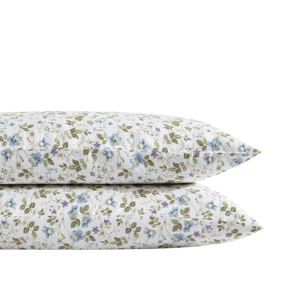 Laura Ashley Spring Bloom 2-Piece Blue T300 Cotton Standard Pillowcase Pair