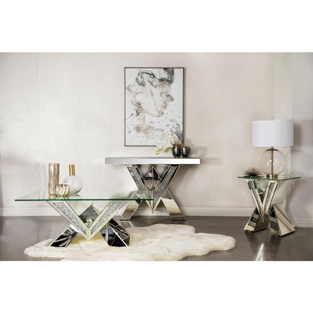 Silver Rectangular Glass Top Coffee Table with V-Shaped Base