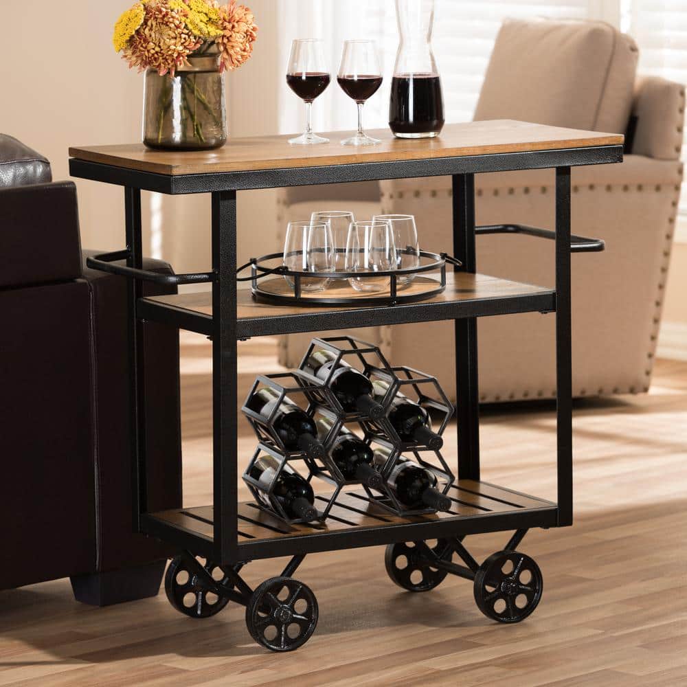 Antique Black & Distressed Oak Wood Mobile Bar Cart with Wine Rack