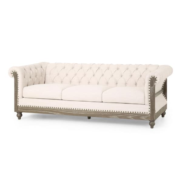 Noble House Petes 85.50 in. Rolled Arm Fabric Rectangle 3-Seat Sofa Base Arms and Legs Only in Beige