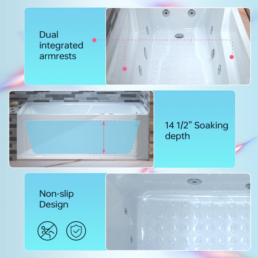 60'' White Acrylic Freestanding Heated Whirlpool Bathtub