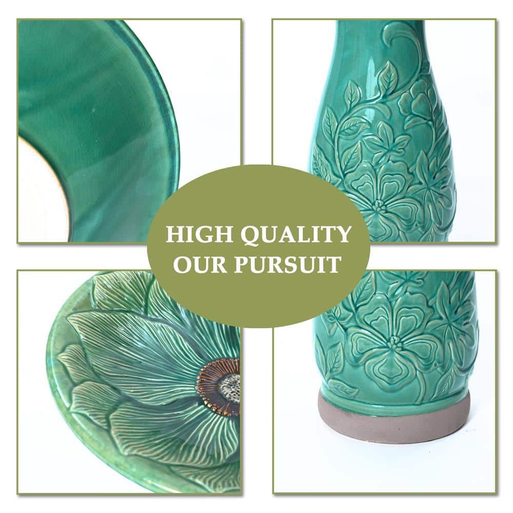 Aqua Green Ceramic Flower Carved Birdbath, 22-Inch Tall