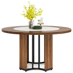 47 in. Round Walnut Brown Wooden Column Base Dining Table for 4-People for Dining Room, Kitchen