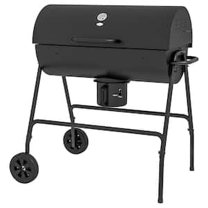 Outdoor Barrel Charcoal BBQ Grill Smoker with Wheels, Ash Catcher, Built-in Thermometer for Picnic, Party, Black