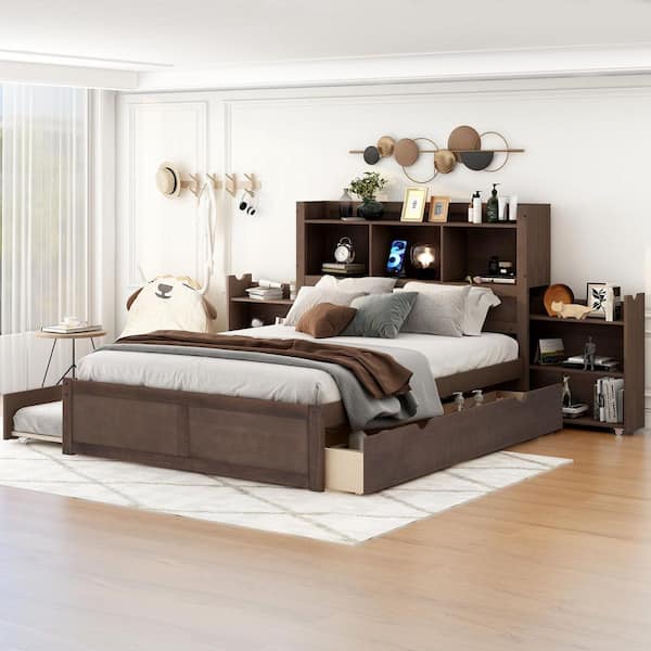 Will Brown Wood Frame Full Size Platform Bed with Trundle, Storage Drawers, Pull Out Shelves, Charging Station, Espresso