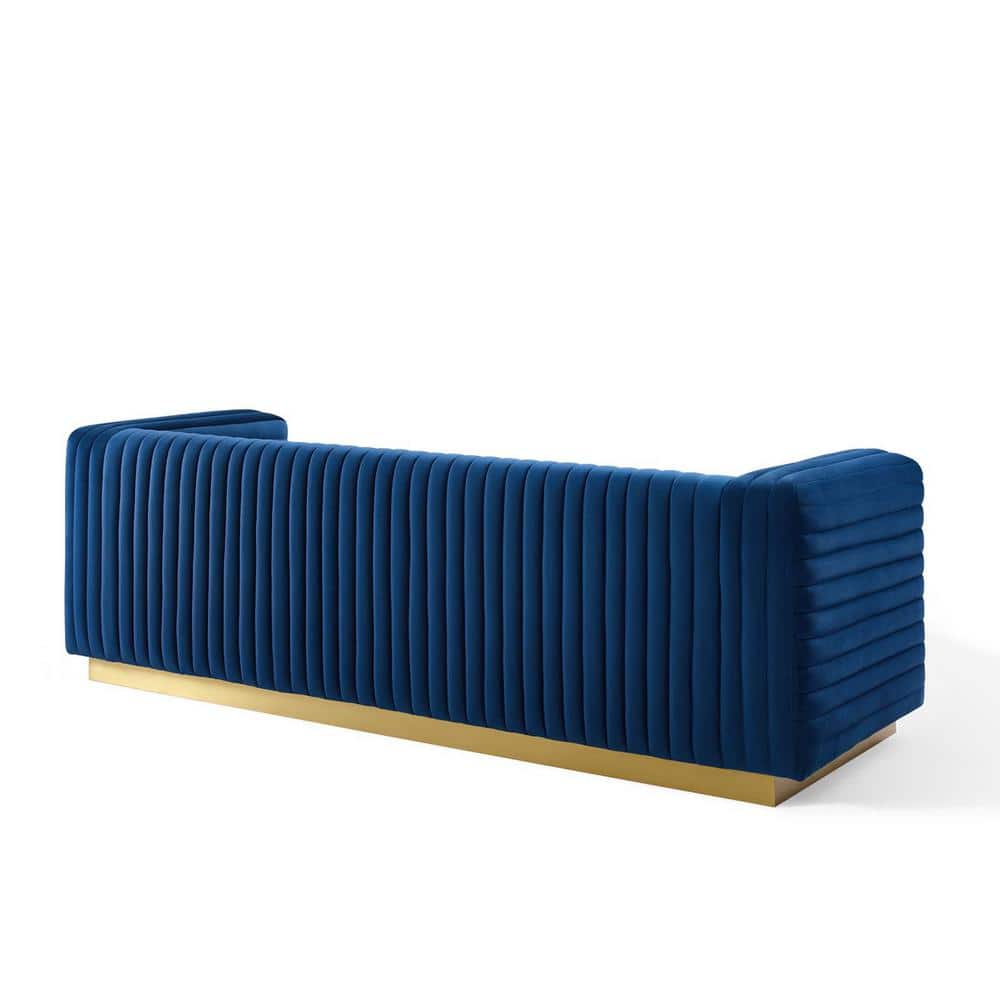 Navy Velvet Tufted Tuxedo Sofa with Gold Stainless Steel Base, 96.5"