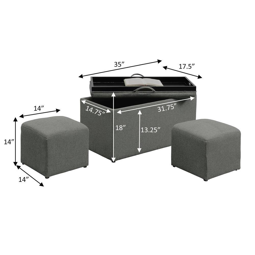 Elegant Gray Storage Bench with Reversible Tray and Side Ottomans