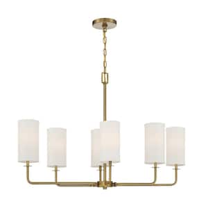 Powell 35 in. W x 23 in. H 6-Light Warm Brass Chandelier with Tall Cylindrical White Fabric Shades