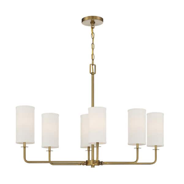 Savoy House Powell 35 in. W x 23 in. H 6-Light Warm Brass Chandelier with Tall Cylindrical White Fabric Shades