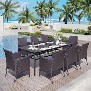 Black 9-Piece Metal Patio Outdoor Dining Set with Extra-large Rectangle Table and Rattan Chairs with Blue Cushion