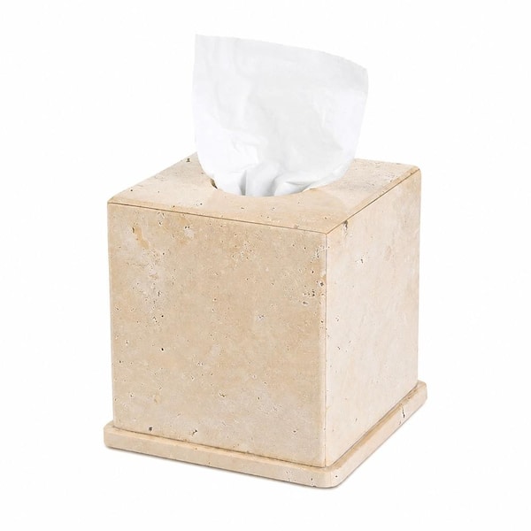 Natural Marble Tissue Box Cover, Beige Square 6 x 6 x 6 in Heavy Stone Decor for Home Kitchen Bathrooms