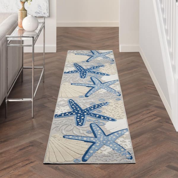 Aloha Blue/Gray 2 ft. x 12 ft. Kitchen Runner Nautical Contemporary Indoor/Outdoor Patio Area Rug