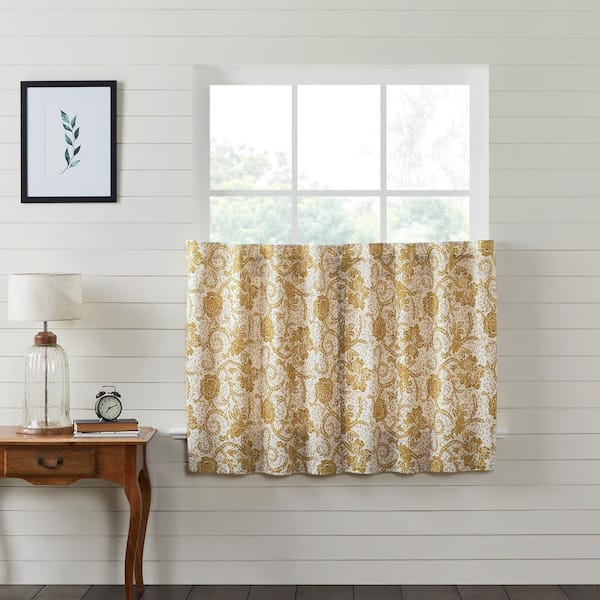 VHC BRANDS Dorset 36 in. W x 36 in. L Vintage Floral Light Filtering Tier Window Panel in Gold Creme Brown Pair