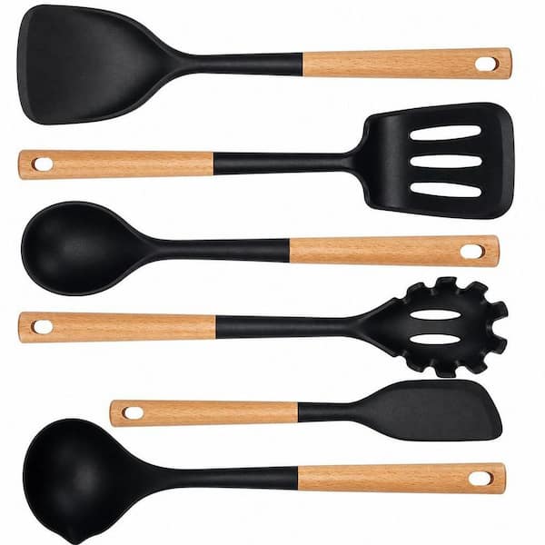 Heat Resistant Silicone Baking Spatula Spoonula Set with Wooden Handle Black for Home Cooking Baking Frying (6-Pack)