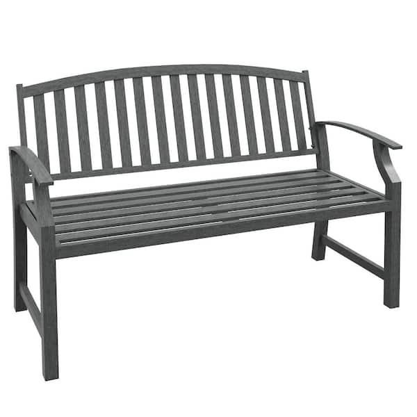 50 in. Gray Metal Outdoor Garden Bench with Slatted Seat and Backrest, Porch Bench for Park, Porch, Lawn, Yard, Deck